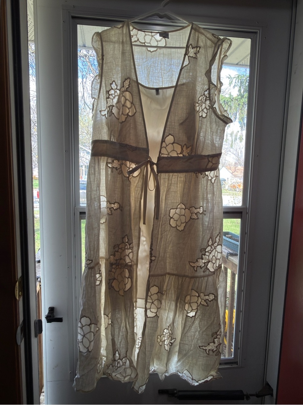 CAbi Sheer Floral Embroidered Long Vest in Beige and Cream